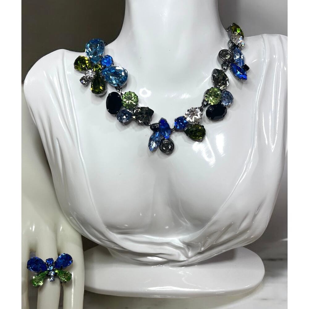 Y2K Coach Poppy Swarovski Crystal Butterfly Necklace & Ring Size 7.5 Jewelry Set